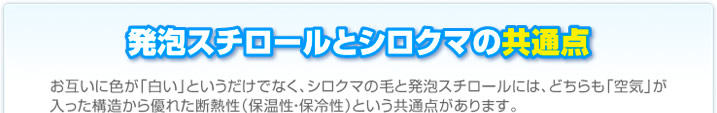 発泡スチロールとシロクマの共通点　お互いに色が「白い」というだけでなく、シロクマの毛と派ぽうスチロールには、どちらも「空気」が入った構造から優れた断熱性（保温性・保冷性）という共通点があります。